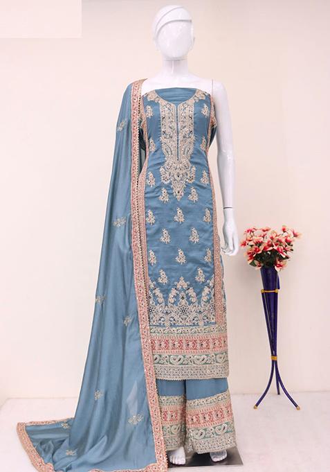 Light Blue Embroidered Silk Palazzo Set