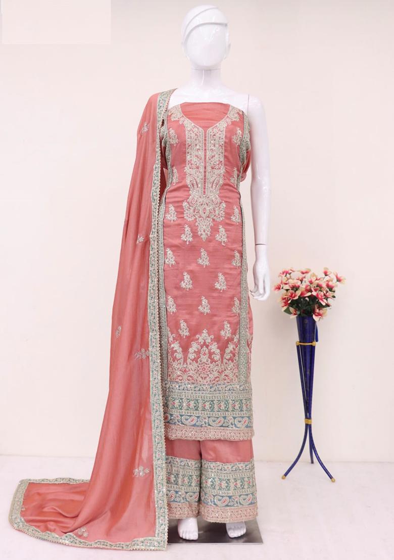 Peach Embroidered Silk Palazzo Set