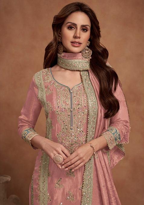 Peach Embroidered Silk Palazzo Set