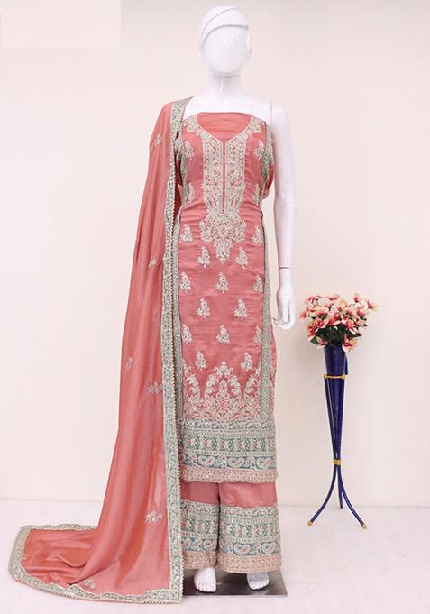 Peach Embroidered Silk Palazzo Set