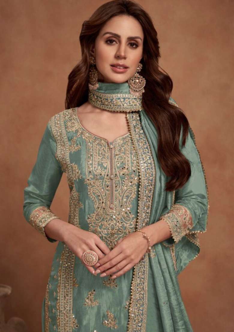 Green Embroidered Silk Blend Palazzo Set - Indya