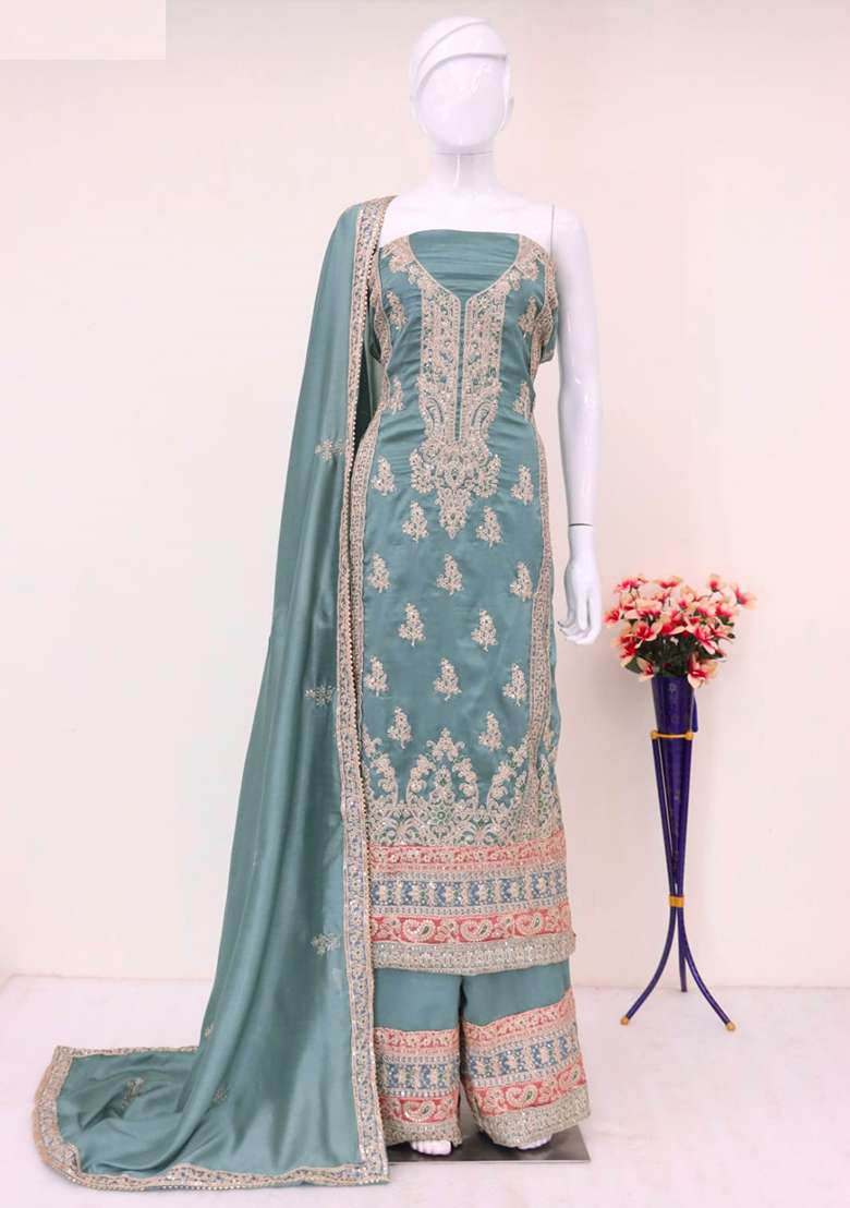 Green Embroidered Silk Blend Palazzo Set - Indya