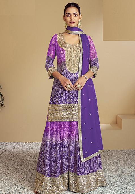 Light Purple Bandhej Print Silk Blend Palazzo Set