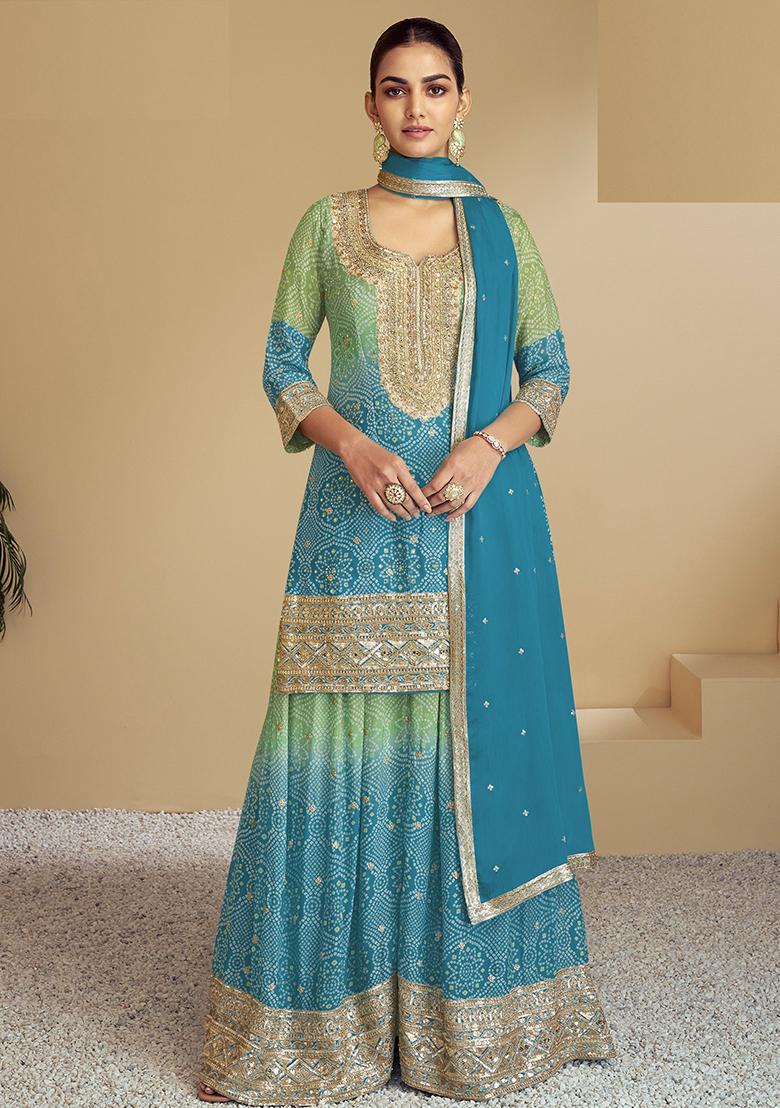 Light Green Bandhej Print Silk Palazzo Set