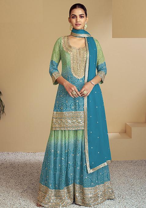 Light Green Bandhej Print Silk Palazzo Set