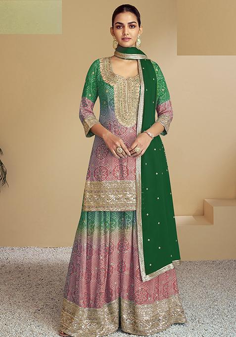 Pink Bandhej Print Silk Palazzo Set