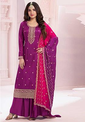 Purple Thread Embroidered Silk Kurta Set