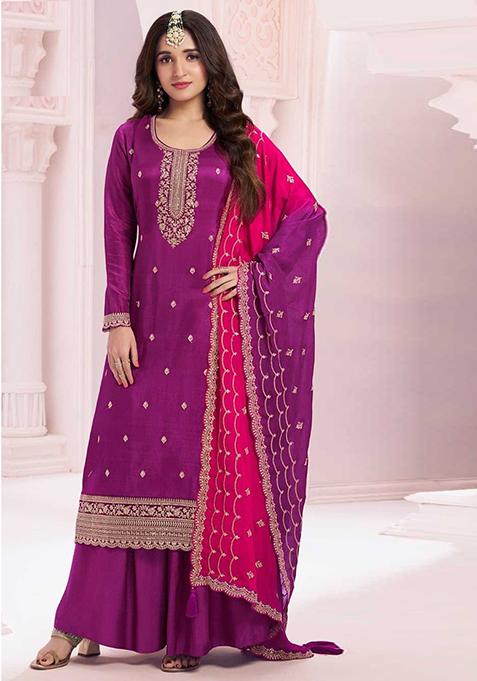 Purple Thread Embroidered Silk Kurta Set