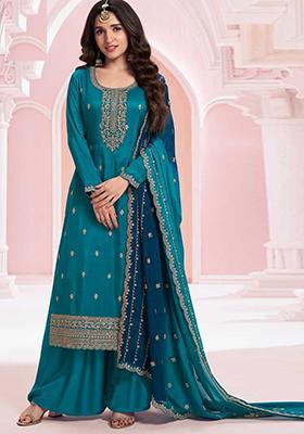 Blue Thread Embroidered Silk Kurta Set