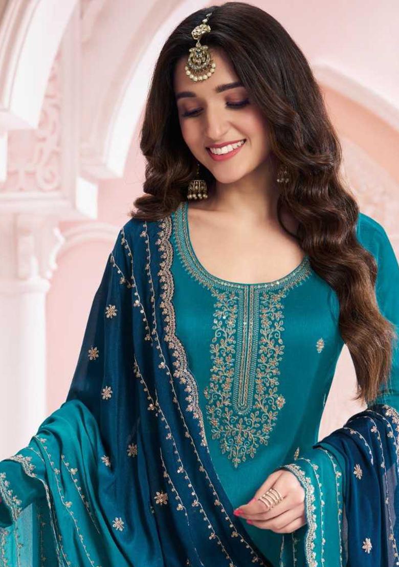 Blue Thread Embroidered Silk Kurta Set