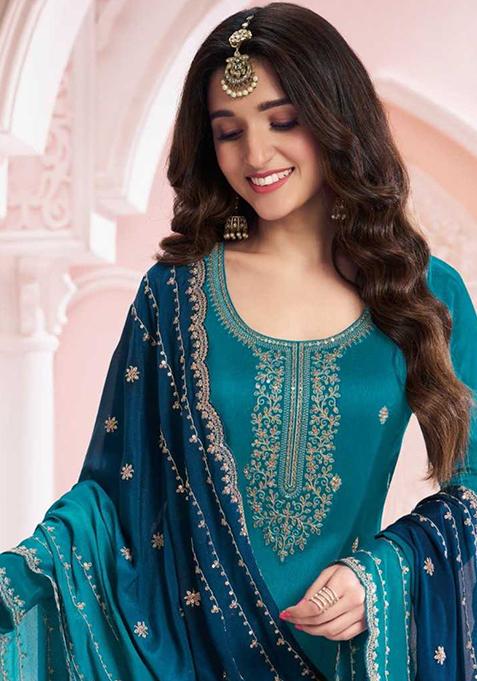 Blue Thread Embroidered Silk Kurta Set