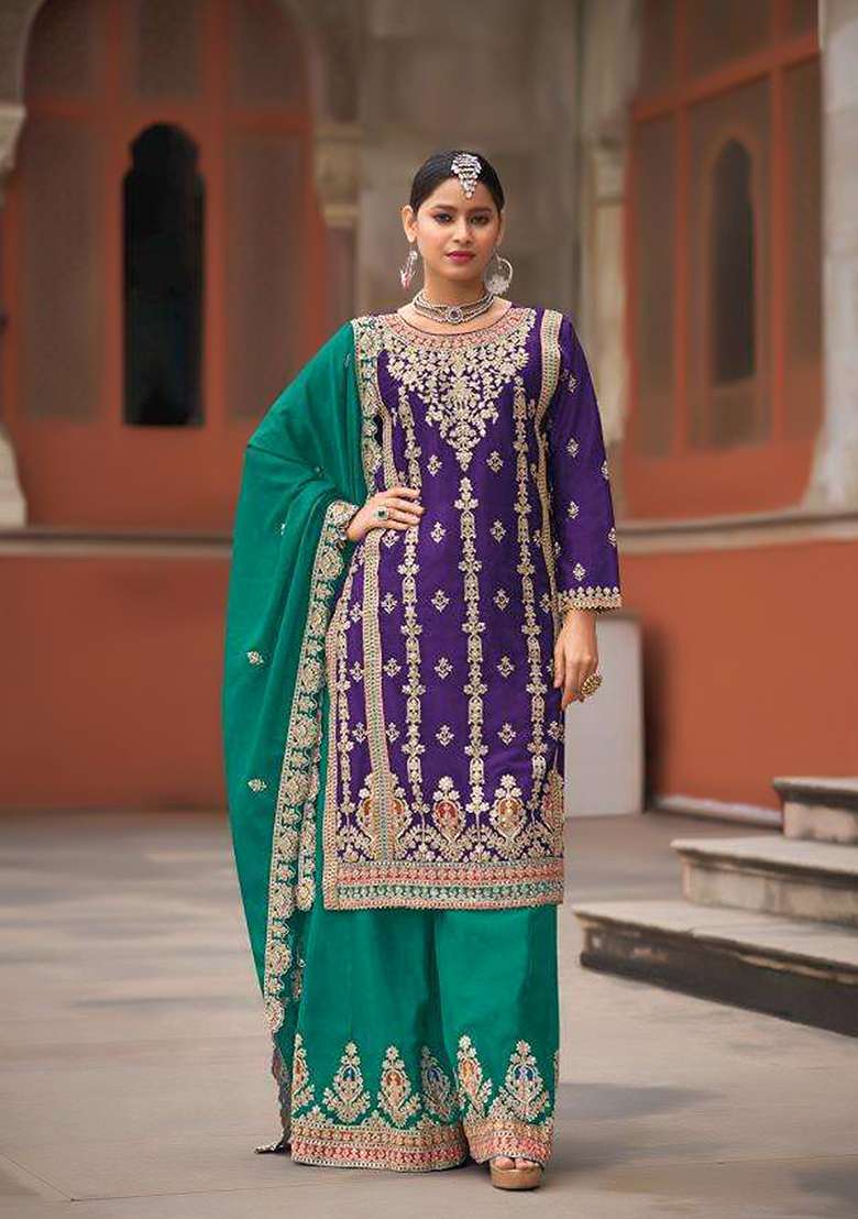 Blue Embroidered Silk Palazzo Set - Indya