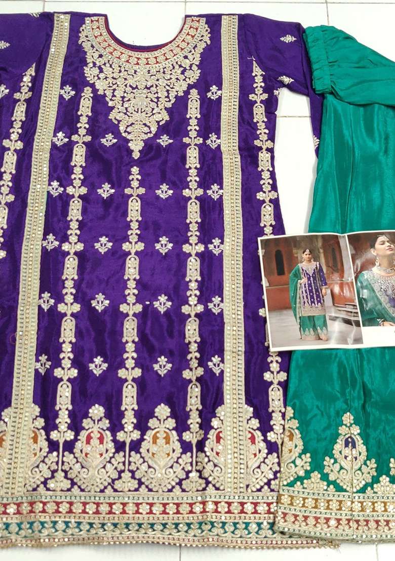 Blue Embroidered Silk Palazzo Set - Indya