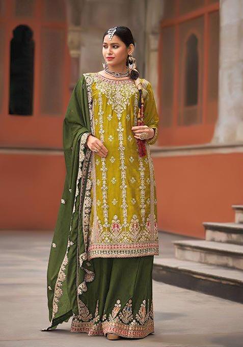 Lemon Yellow Embroidered Silk Palazzo Set