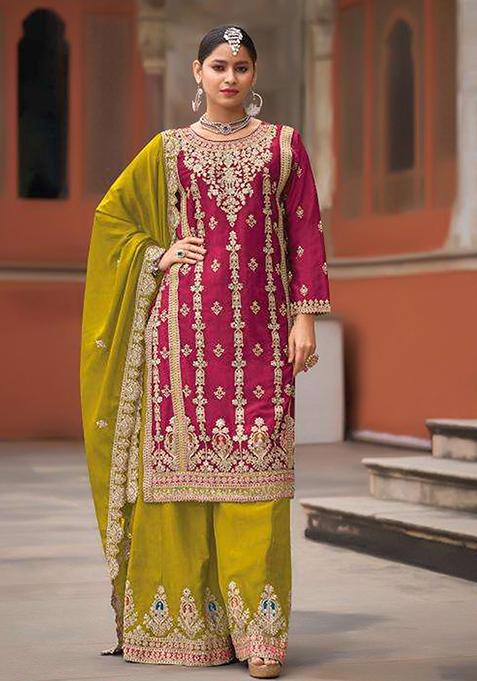 Pink Embroidered Silk Palazzo Set