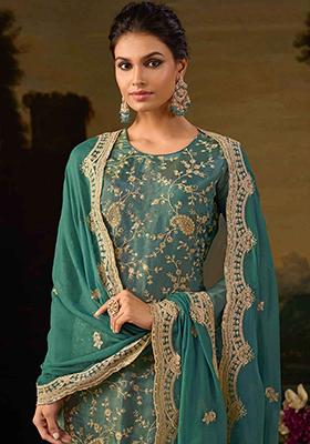 Blue Thread Embroidered Silk Sharara Set