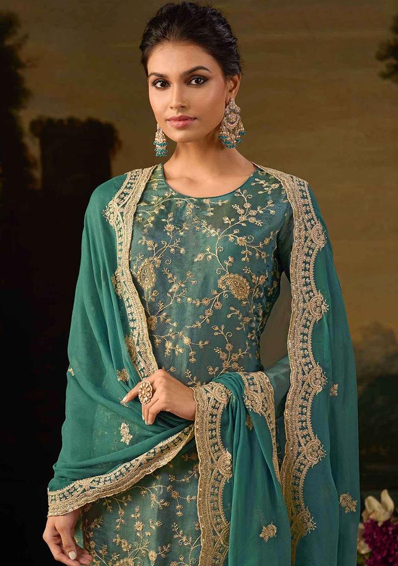 Blue Thread Embroidered Silk Sharara Set