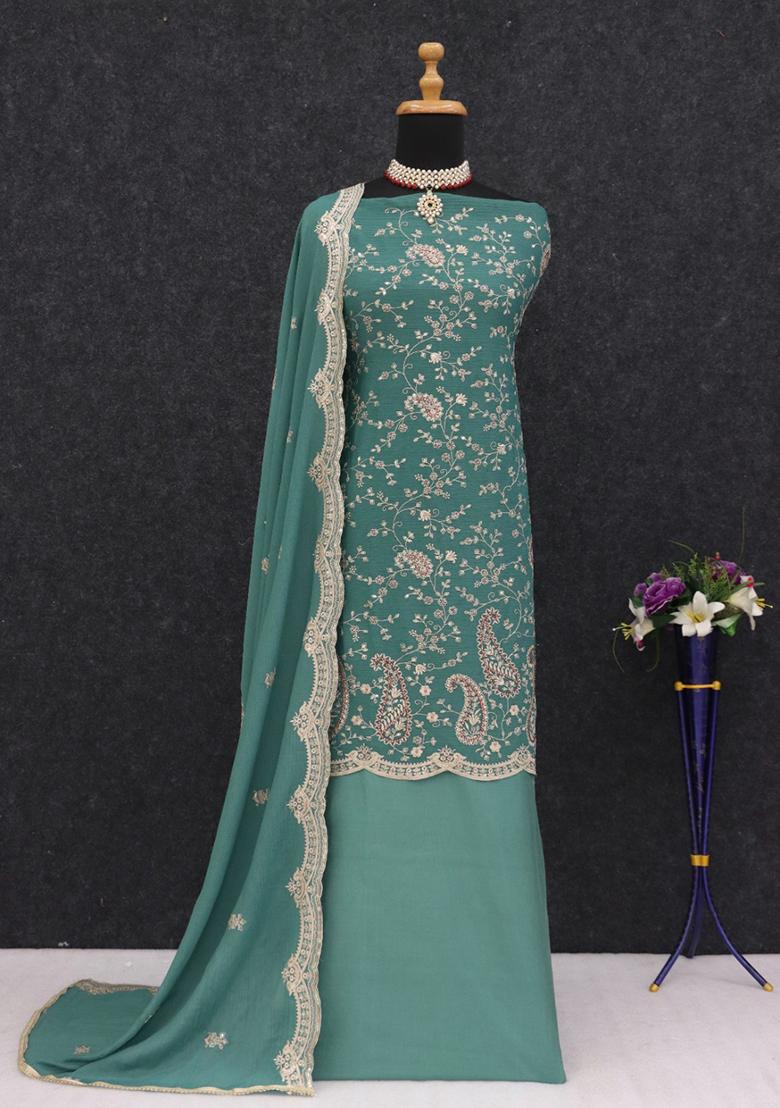 Blue Thread Embroidered Silk Sharara Set