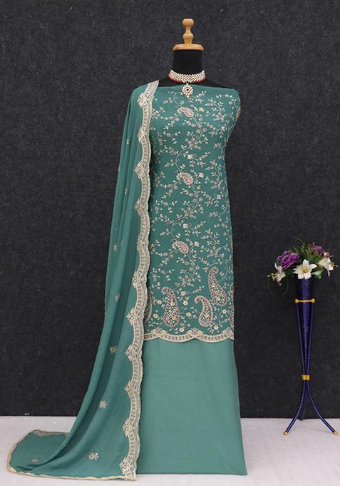 Blue Thread Embroidered Silk Sharara Set