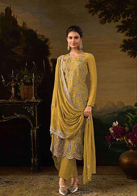 Yellow Thread Embroidered Silk Sharara Set