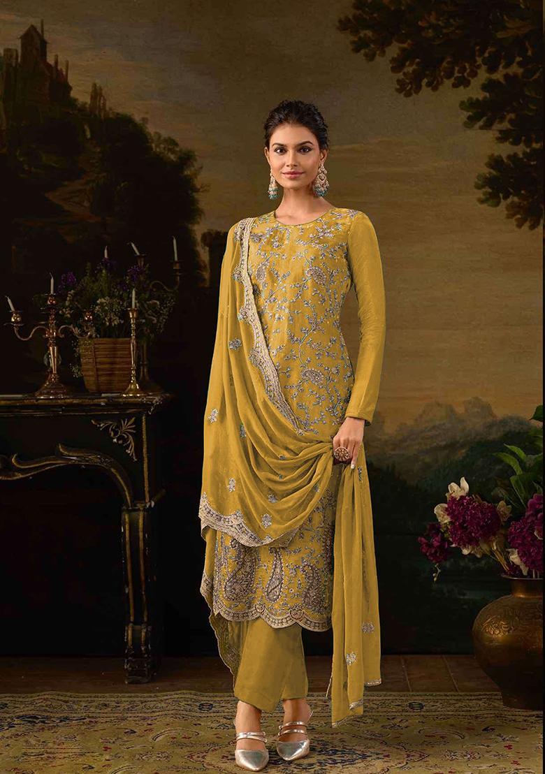 Yellow Thread Embroidered Silk Sharara Set