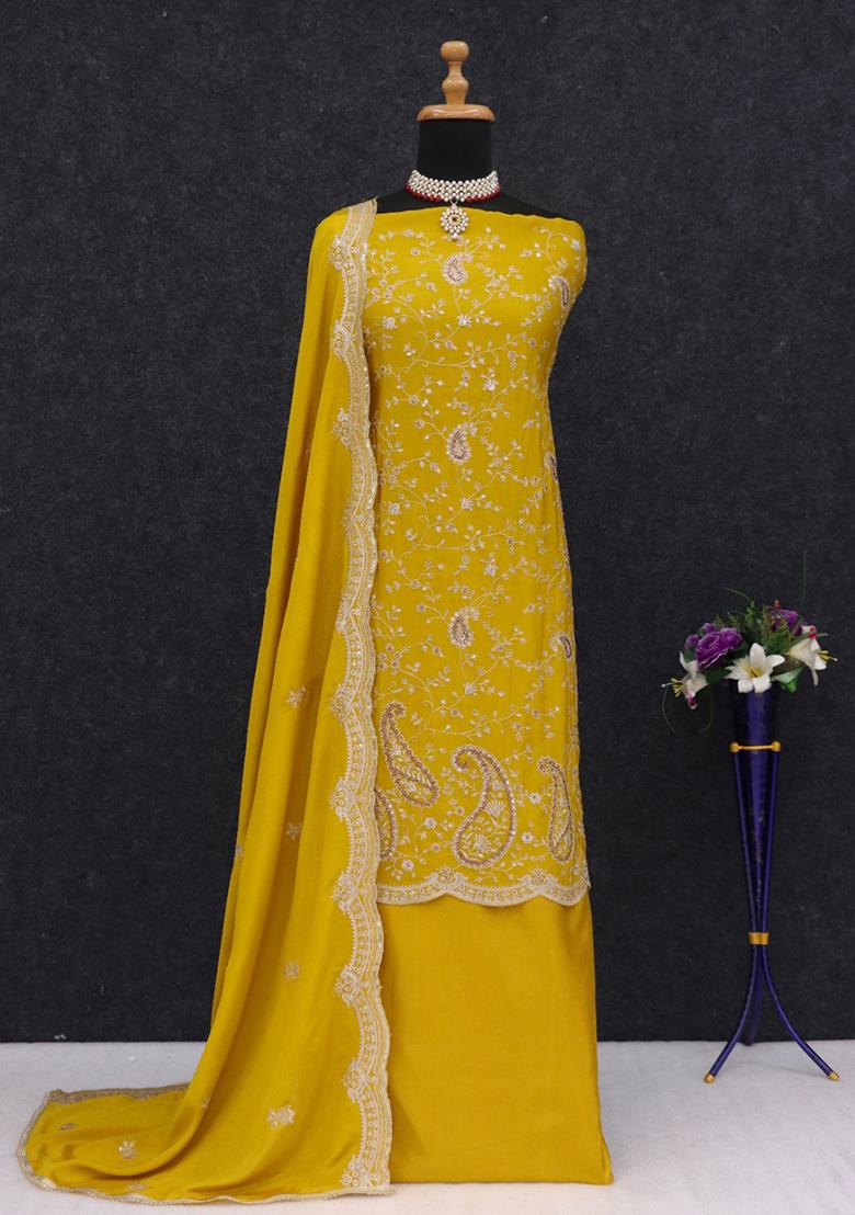 Yellow Thread Embroidered Silk Sharara Set
