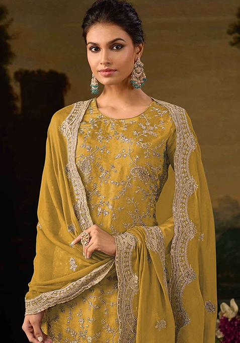 Yellow Thread Embroidered Silk Sharara Set