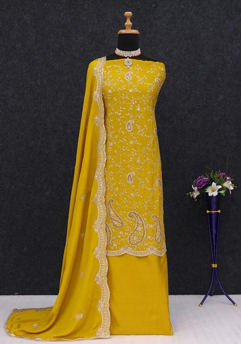 Yellow Thread Embroidered Silk Sharara Set