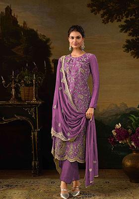Purple Thread Embroidered Silk Sharara Set