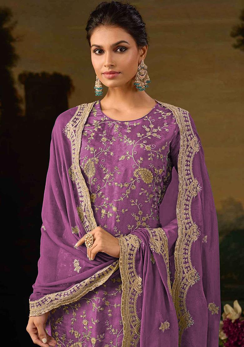 Purple Thread Embroidered Silk Sharara Set