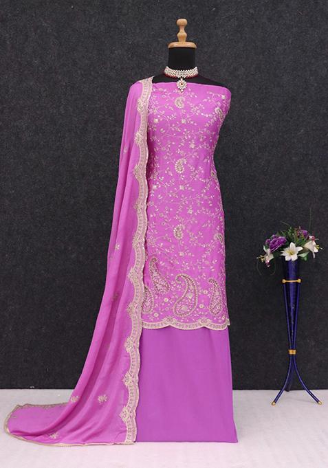 Purple Thread Embroidered Silk Sharara Set
