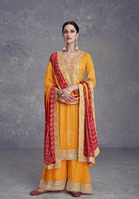 Yellow Bandhej Print Silk Palazzo Set