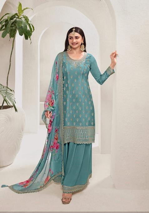 Blue Digital Print Silk Blend Palazzo Set