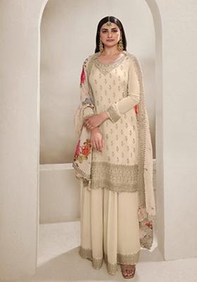 Cream Digital Print Silk Blend Palazzo Set