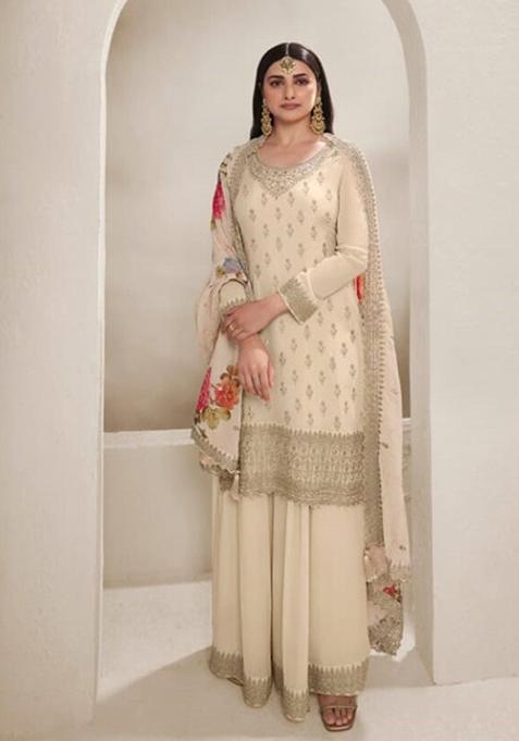 Cream Digital Print Silk Blend Palazzo Set