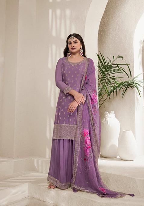 Purple Digital Print Silk Blend Palazzo Set