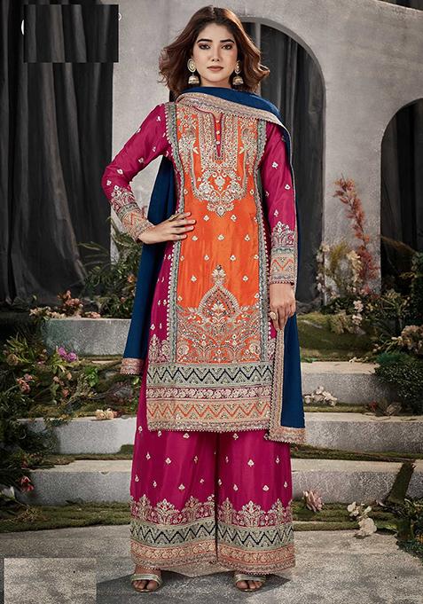 Orange Thread Embroidered Silk Blend Palazzo Set