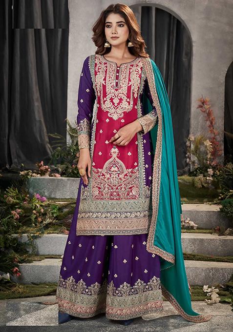 Pink Thread Embroidered Silk Blend Palazzo Set