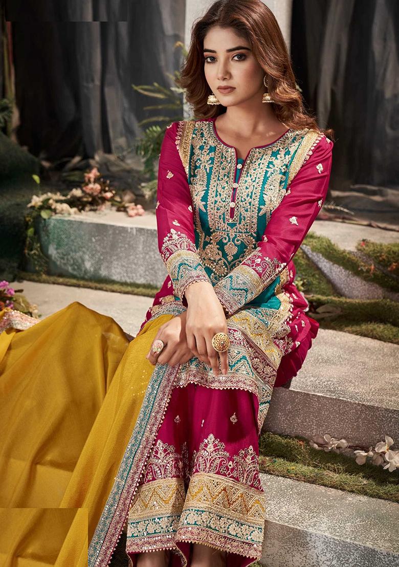 Blue Thread Embroidered Silk Blend Palazzo Set - Indya
