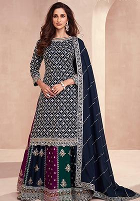 Blue Thread Embroidered Silk Blend Sharara Set