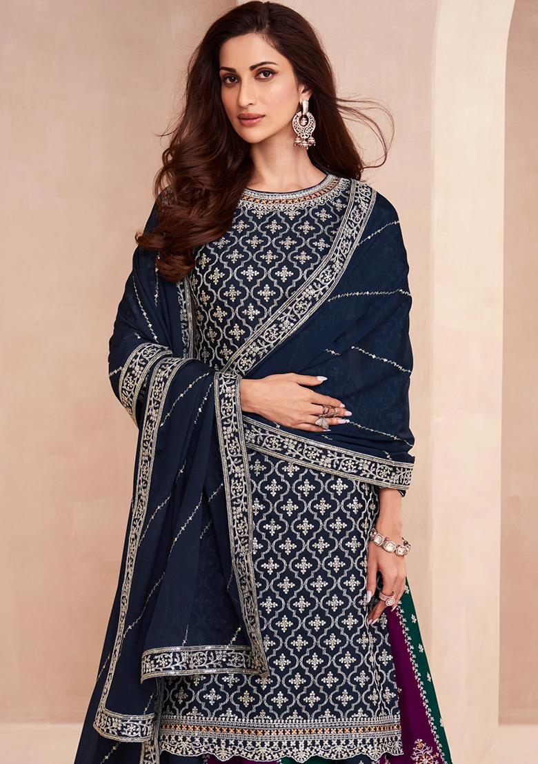 Blue Thread Embroidered Silk Blend Sharara Set - Indya