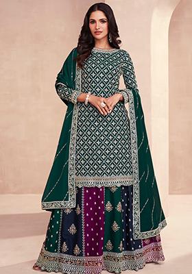 Green Thread Embroidered Silk Blend Sharara Set