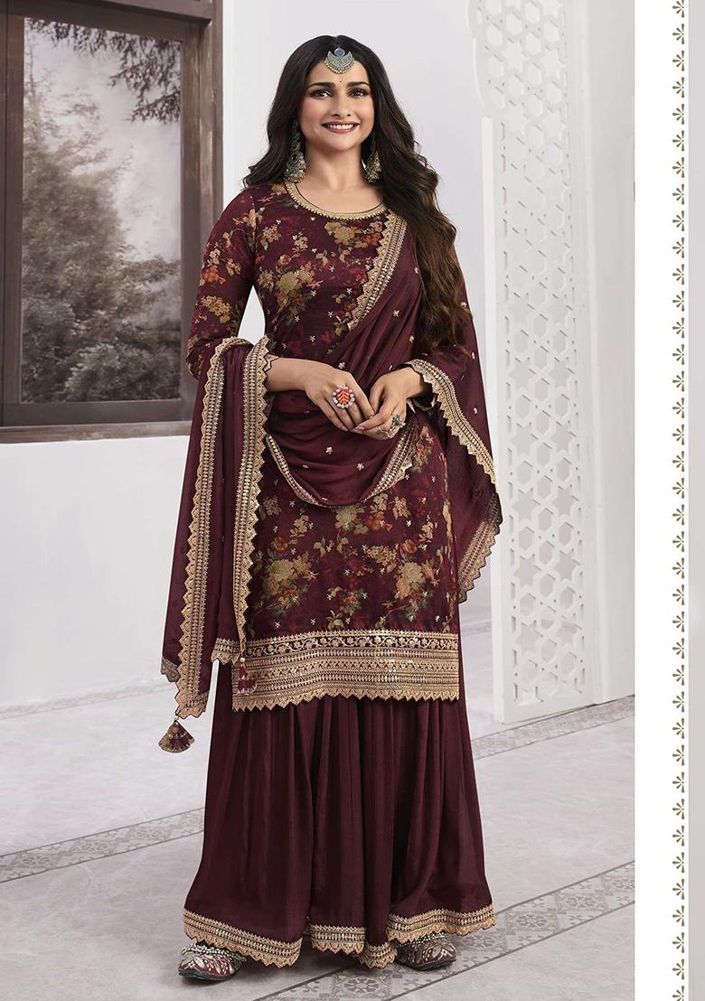 Maroon Digital Print Silk Blend Palazzo Set