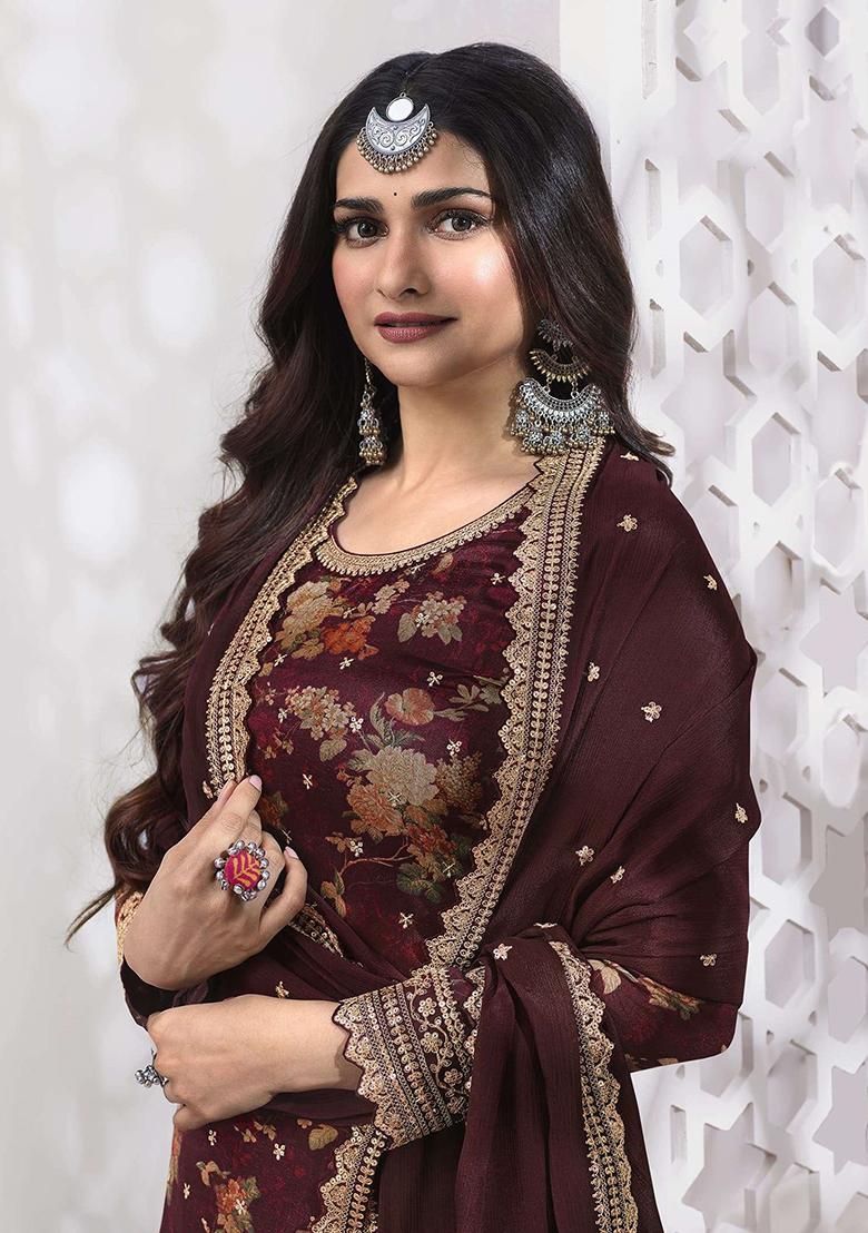 Maroon Digital Print Silk Blend Palazzo Set