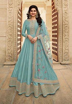 Sky Blue Embroidered Silk Blend Kurta Set