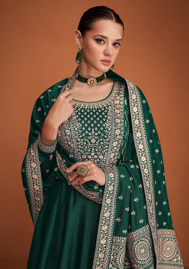 Green Embroidered Silk Blend Kurta Set