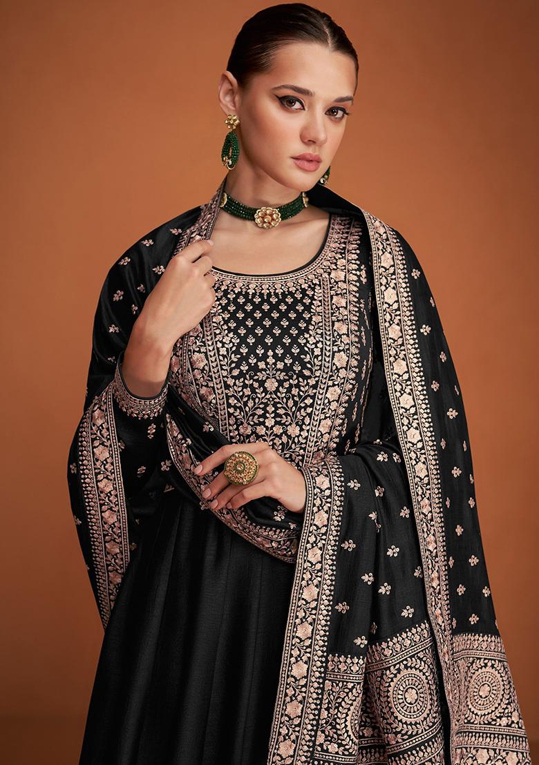 Black Embroidered Silk Blend Kurta Set - Indya