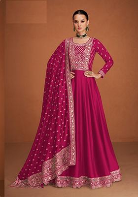 Dark Pink Embroidered Silk Blend Kurta Set