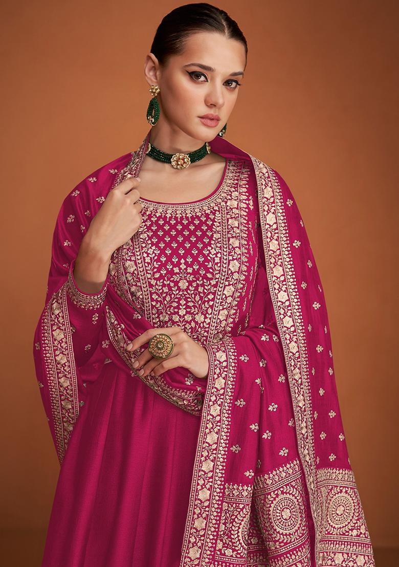 Dark Pink Embroidered Silk Blend Kurta Set - Indya