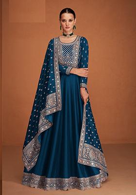 Royal Blue Embroidered Silk Blend Kurta Set